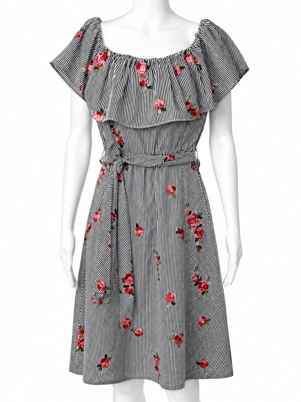 Calvin Klein Striped Embroidered Floral Off-The-Shoulder Summer Dress Size 12